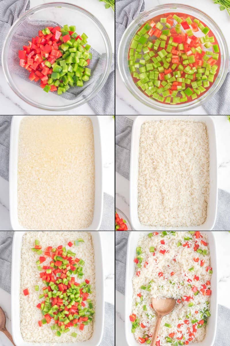 Collage of adding bell peppers to cooked rice.