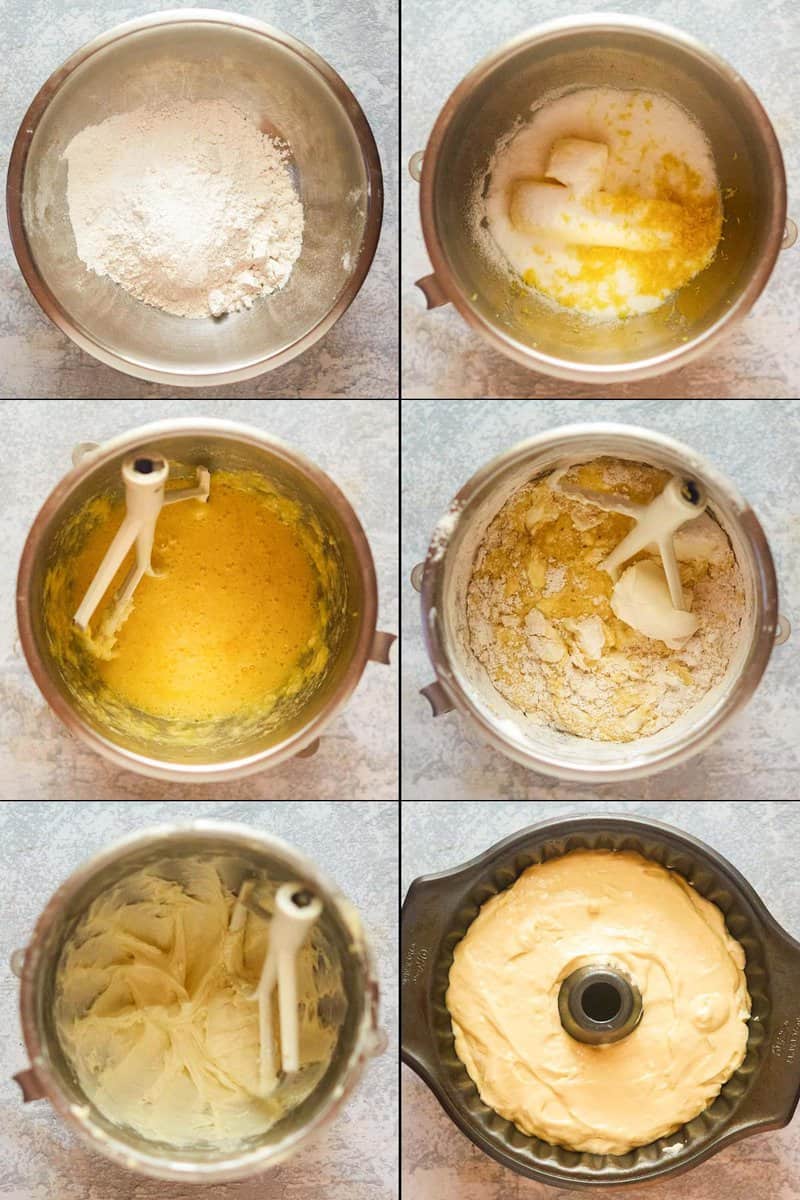 Collage of steps for making cream cheese coffee cake.