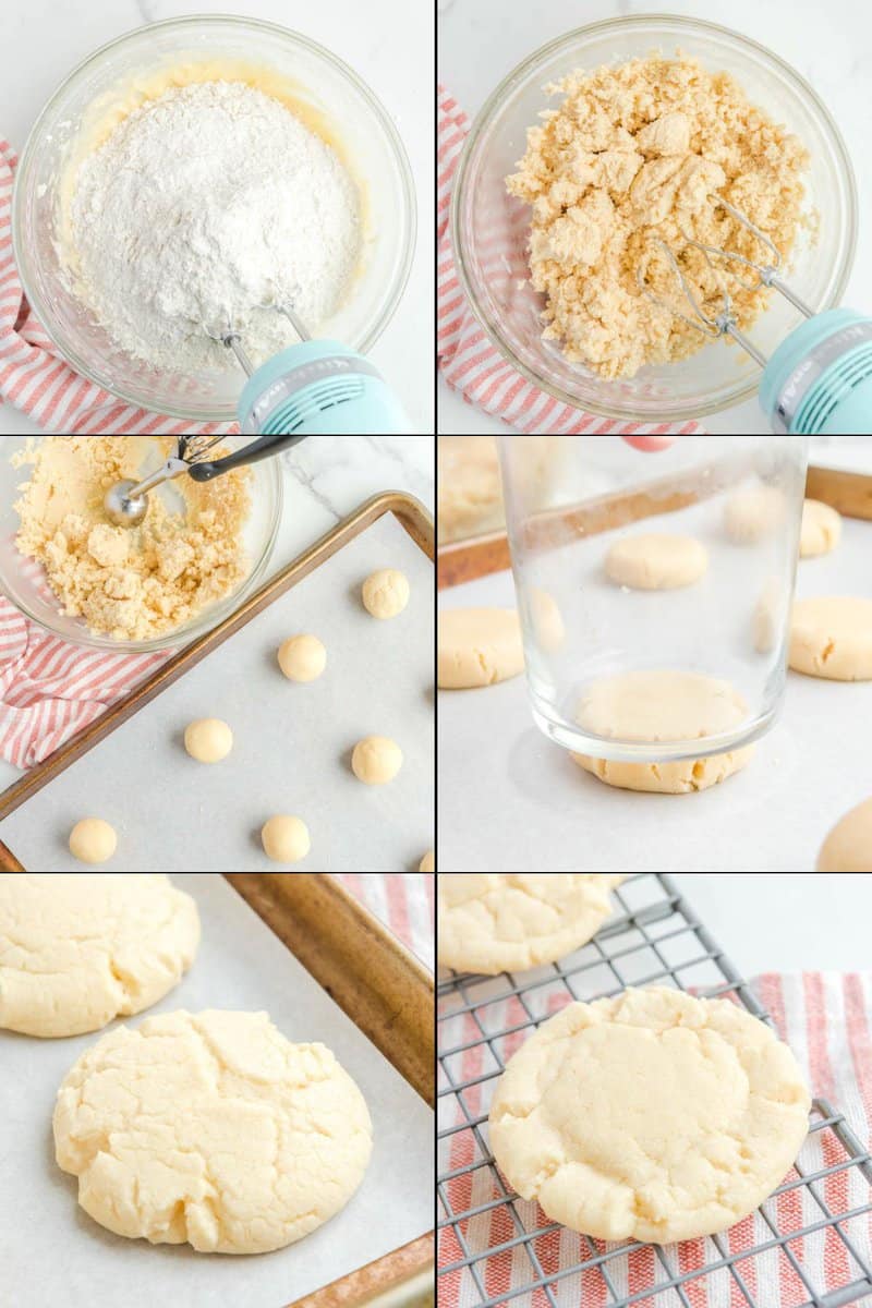 Collage of making, shaping, and baking sweetener  cookies.