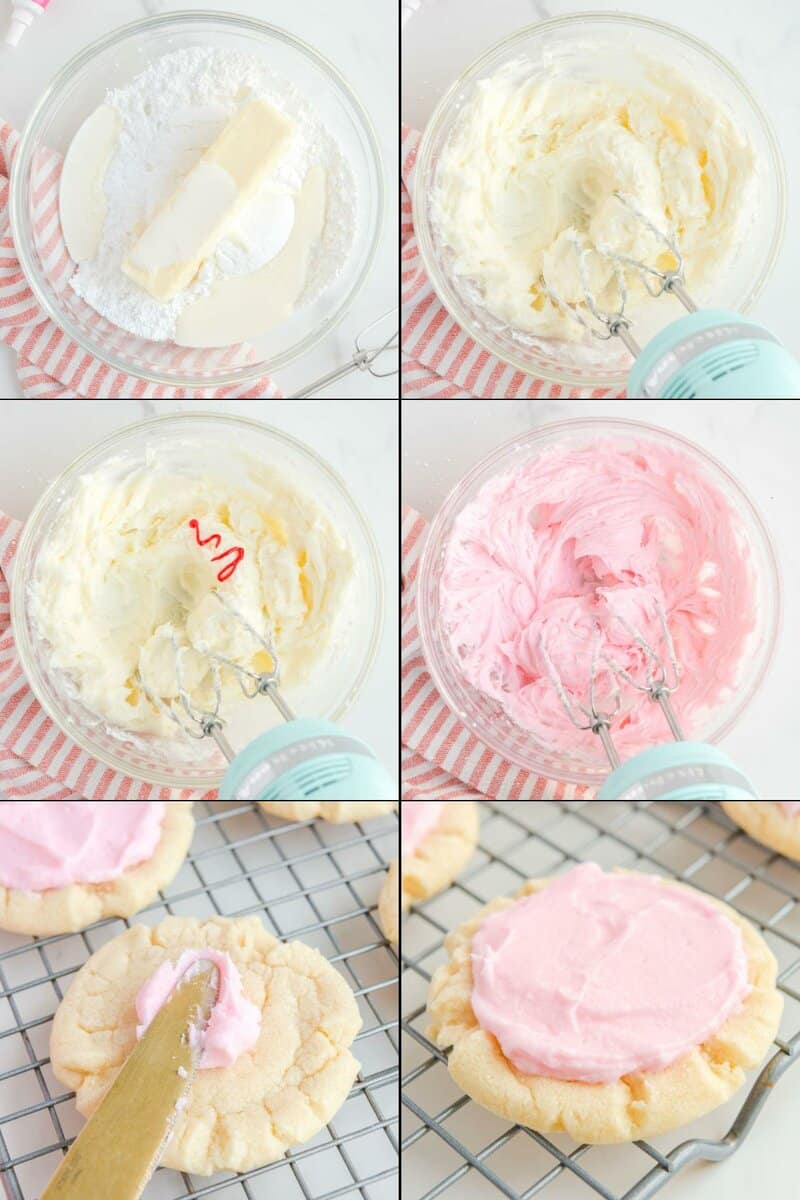 Collage of making pink sugar cookie frosting.