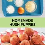 Hush puppies ingredients and the fried hush puppies in a basket.