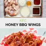 Copycat KFC honey bbq wings ingredients and the finished wings.