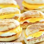 Homemade McDonald's egg mcmuffins with some cut in half.