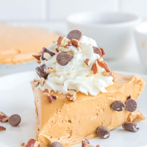 A slice of copycat O'Charley's caramel pie on a plate.