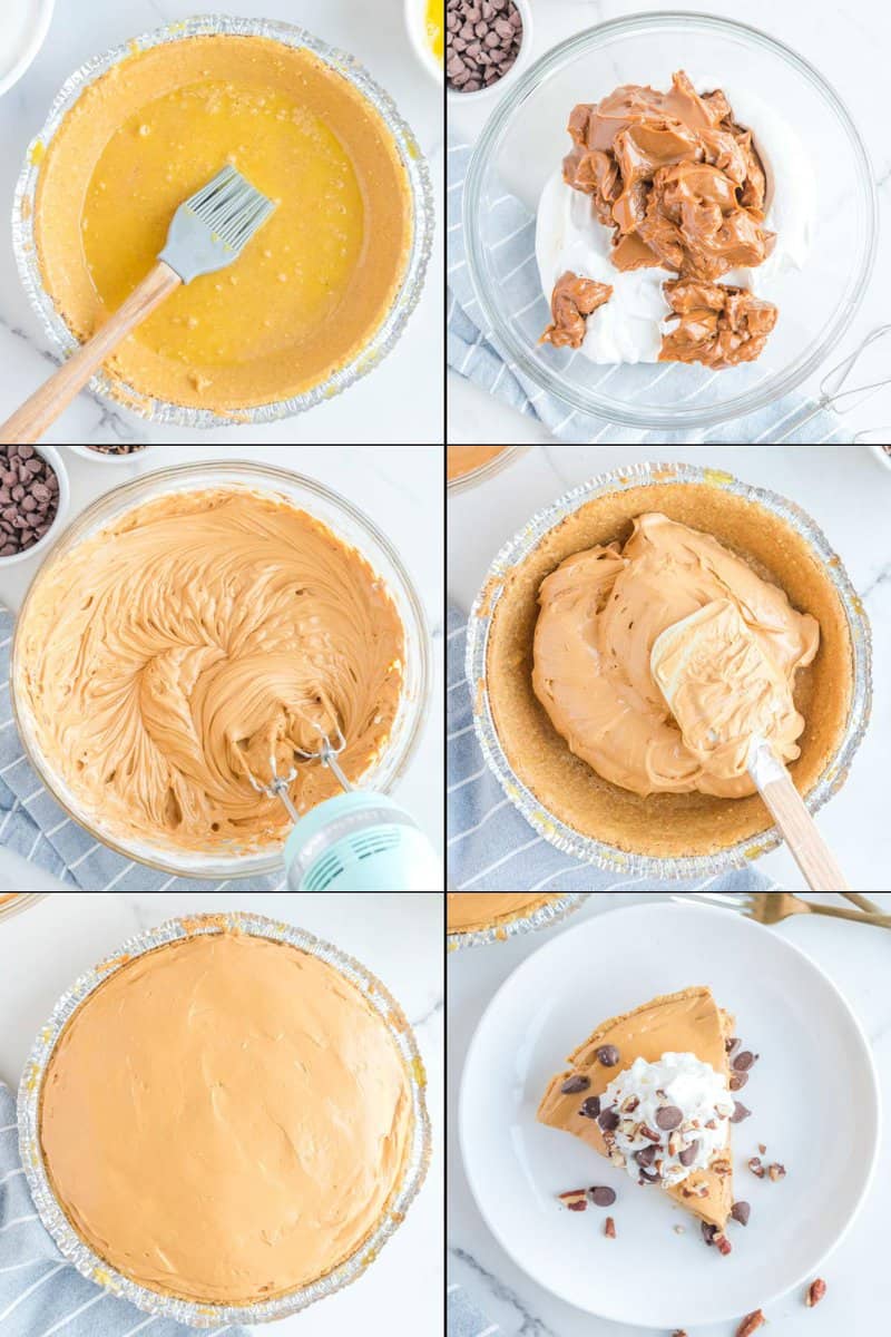 Collage of making copycat O'Charley's caramel pie.