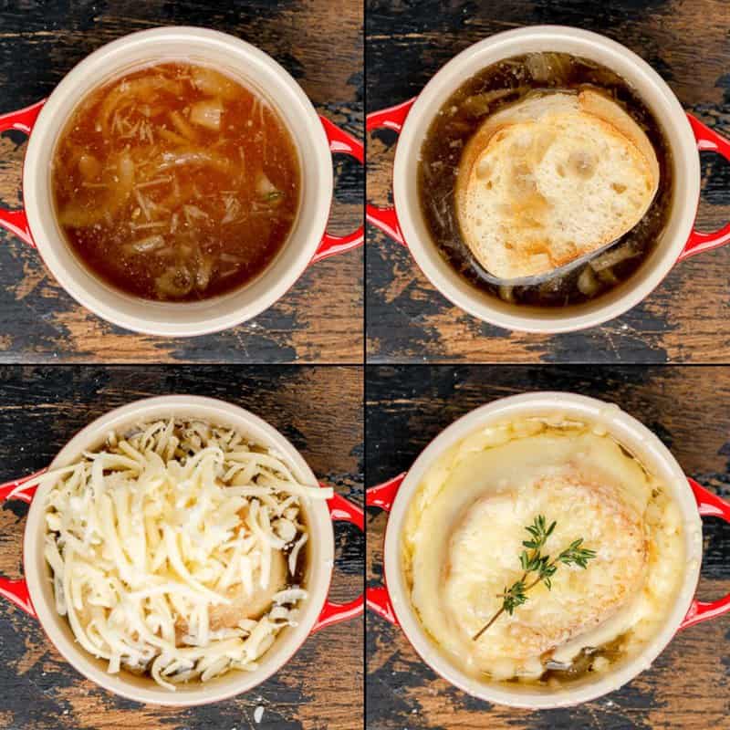 Collage of topping onion soup gratinee with bread and cheese.