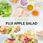 Copycat Panera fuji apple salad and dressing ingredients and the finished salad and dressing.