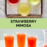 Strawberry mimosa ingredients and the finished drink in glasses.
