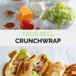 Taco Bell crunchwrap ingredients and the finished dish.