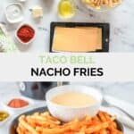 Copycat Taco Bell nacho fries ingredients and the finished dish.
