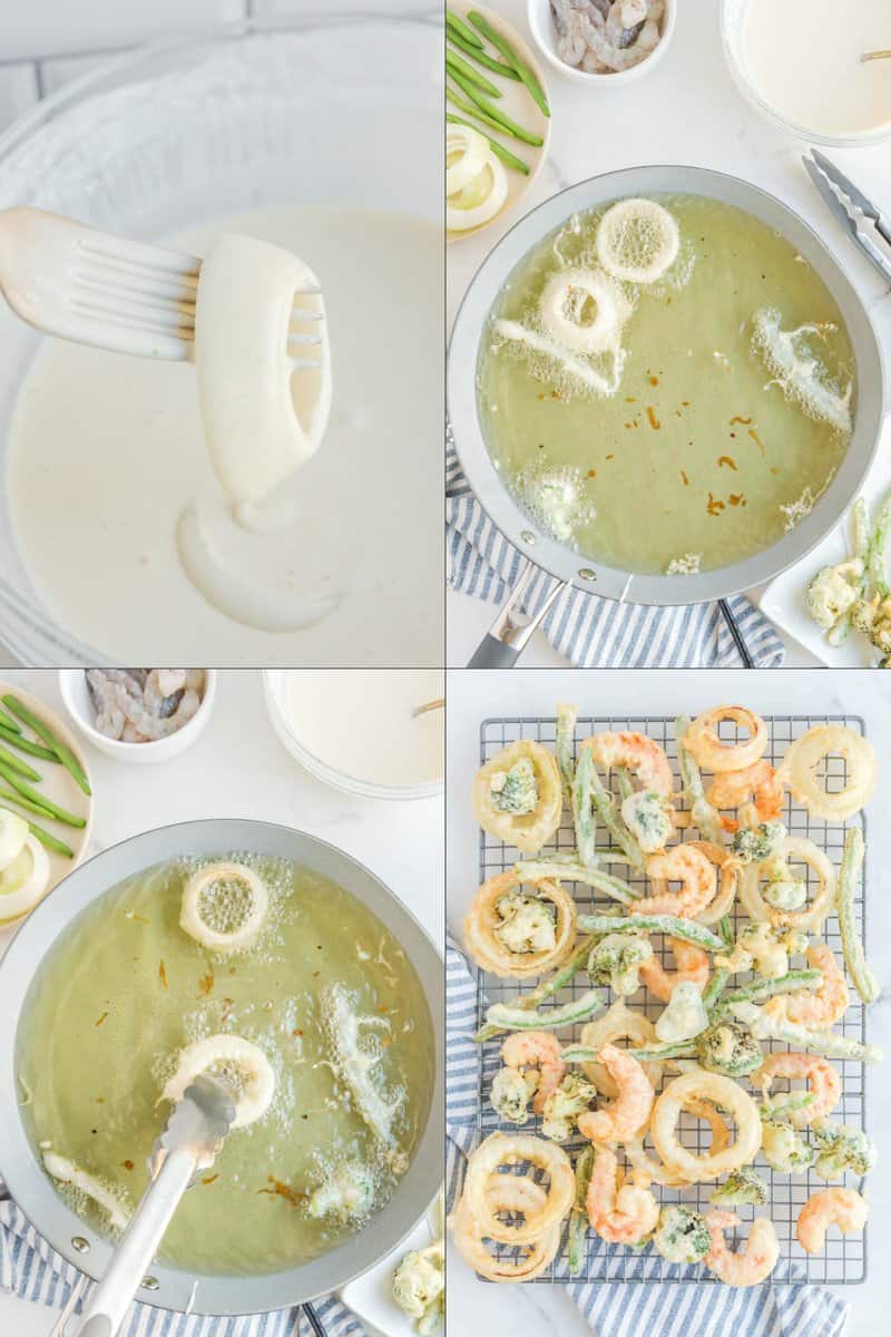 Collage of making tempura shrimp and vegetables.