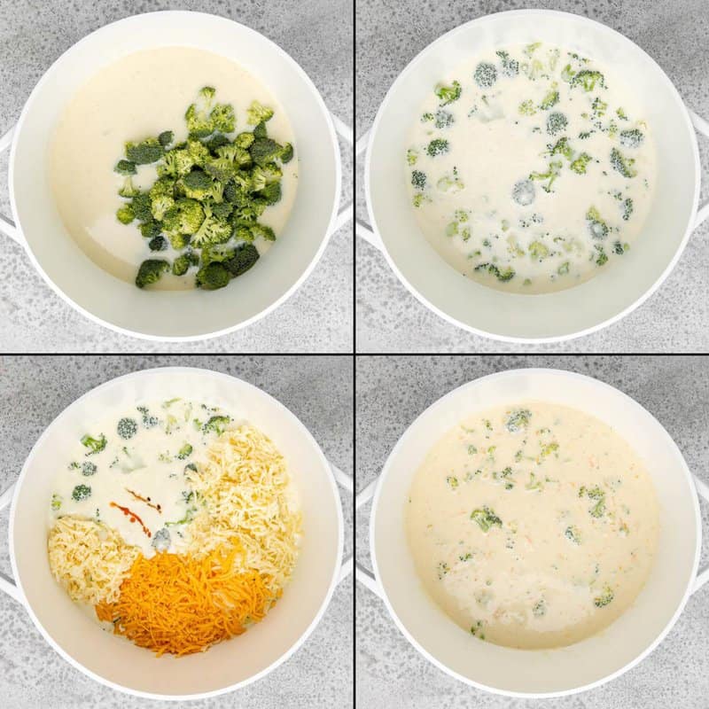 Collage of adding broccoli and cheeses to a creamy soup base.