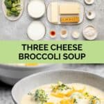 Three cheese broccoli soup ingredients and a bowl of the soup.