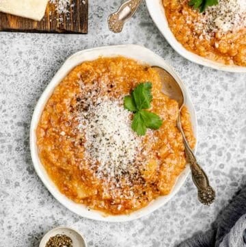 Overhead view of copycat Tosi's minestrone soup in bowls.