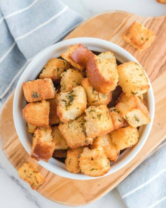 Air-fried croutons in a bowl.