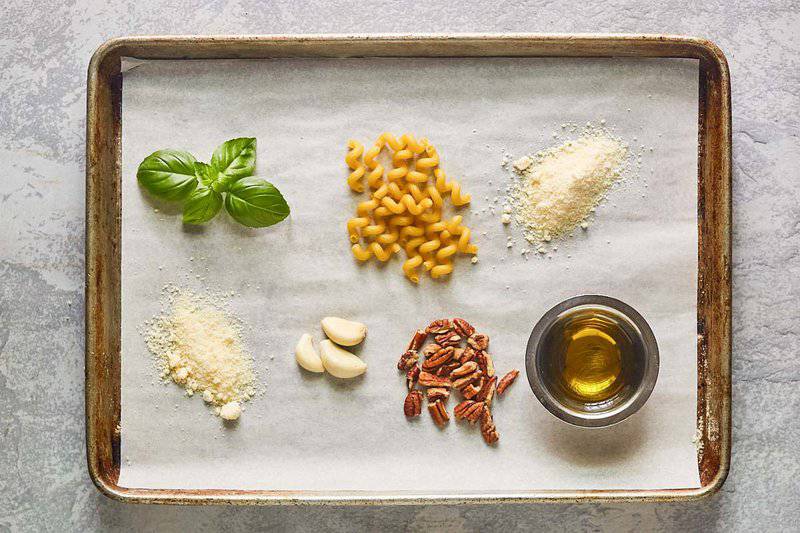 Copycat Alonti pecan pesto pasta ingredients on a tray.