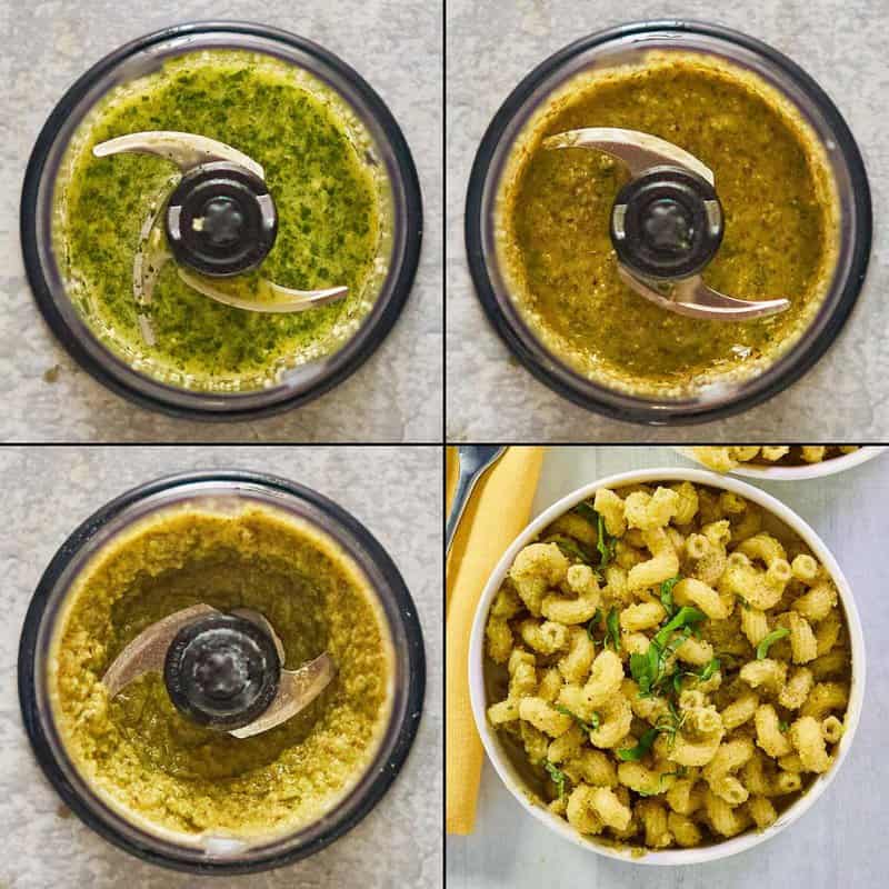 Collage of making pecan pesto pasta.