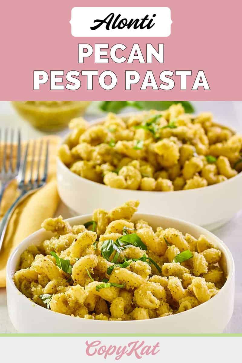 Homemade Alonti pecan pesto pasta in two white bowls.