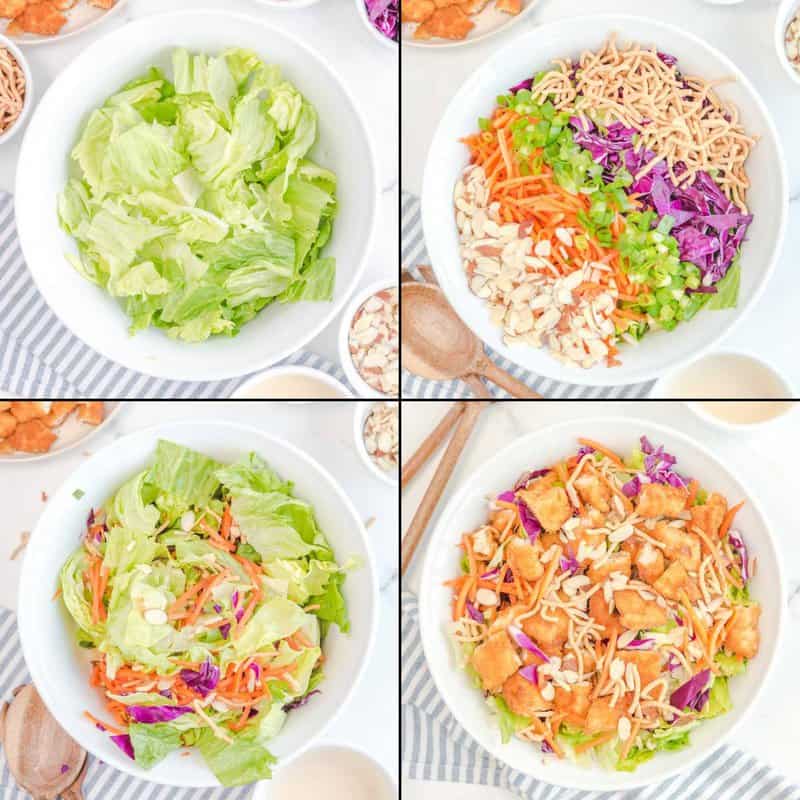 Collage of assembling Applebee's Oriental fried chickenhearted  salad.