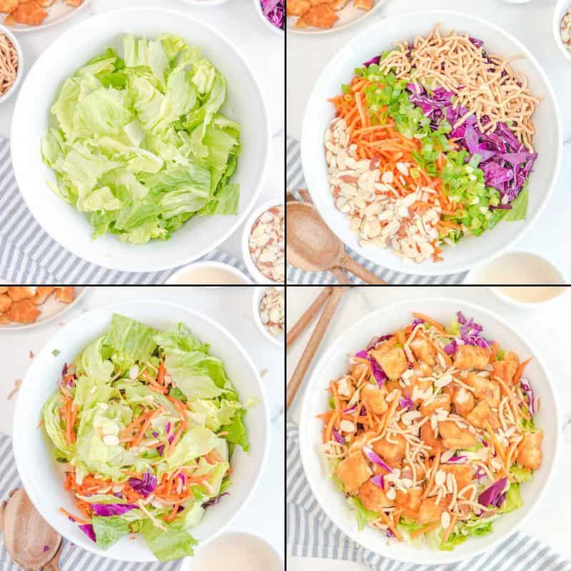 Collage of assembling Applebee's Oriental fried chicken salad.