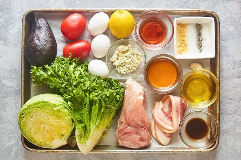 Brown Derby cobb salad ingredients on a tray.