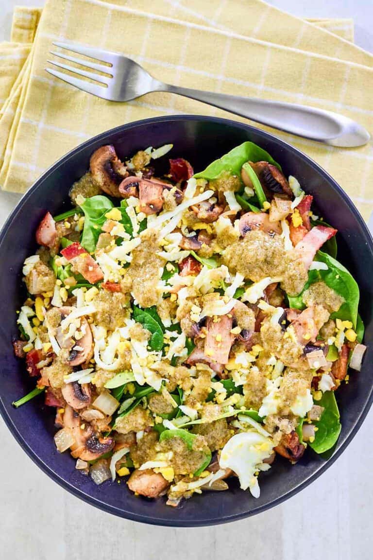 Overhead view of copycat Chart House spinach salad.