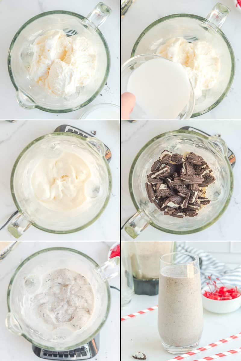 Collage of making a copycat Chick Fil A cookies and cream milkshake.