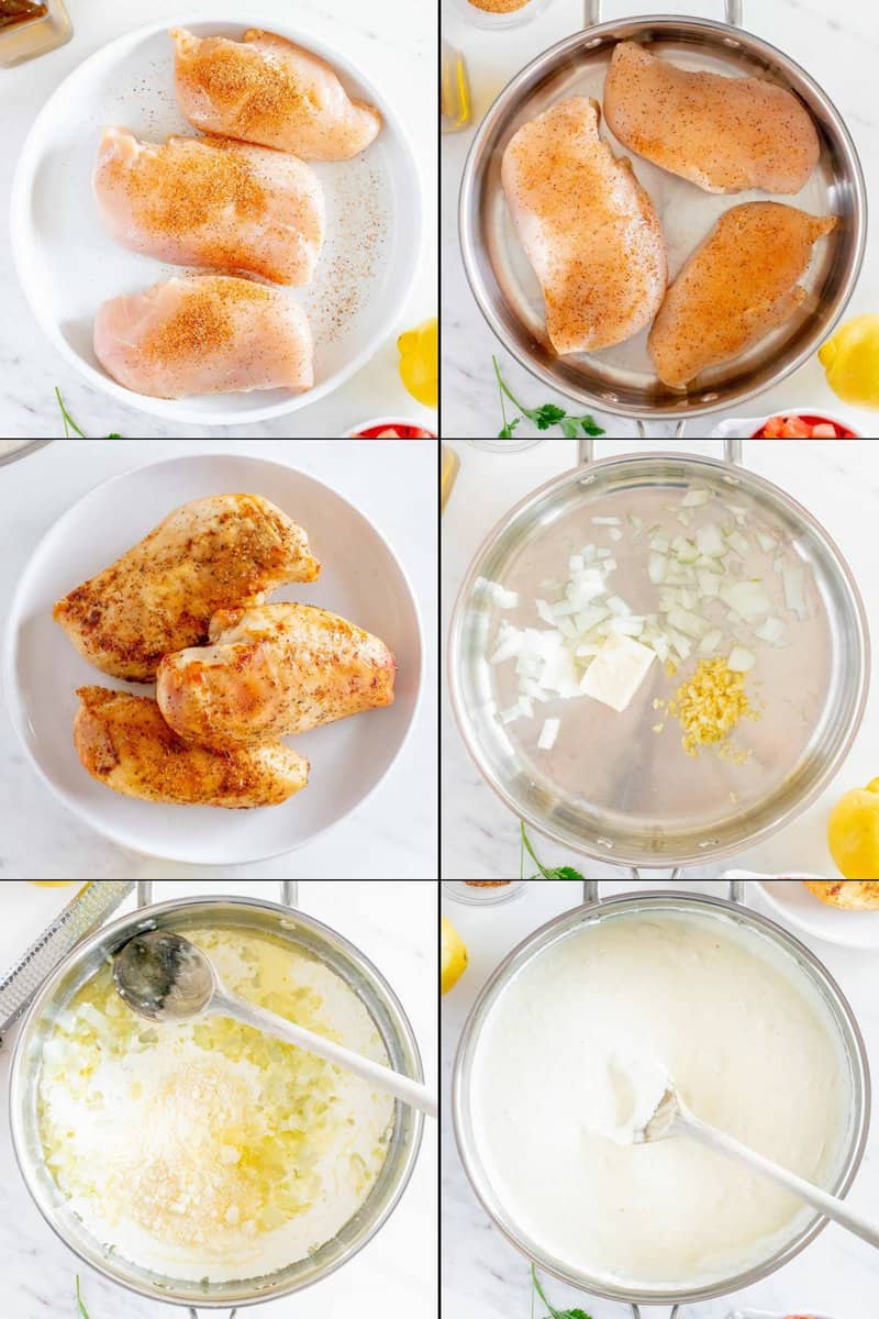 Collage of making copycat Chili's Cajun yellow and Alfredo sauce.