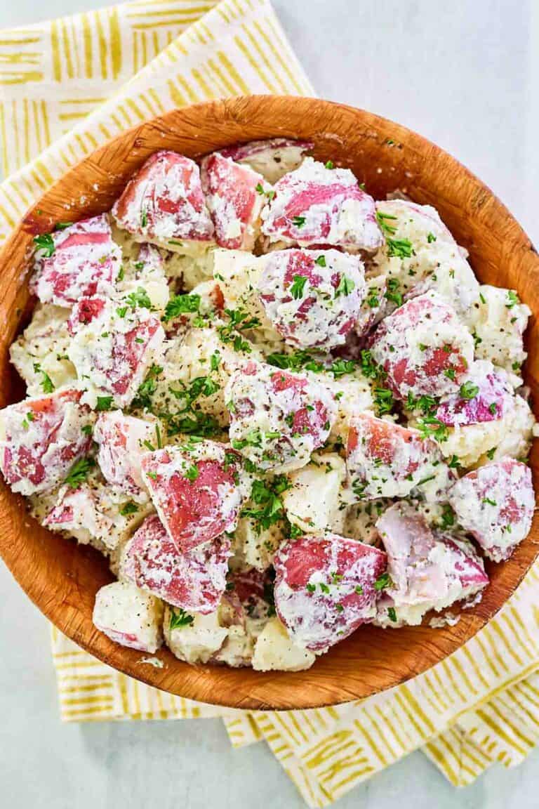 Overhead view of dill potato salad.