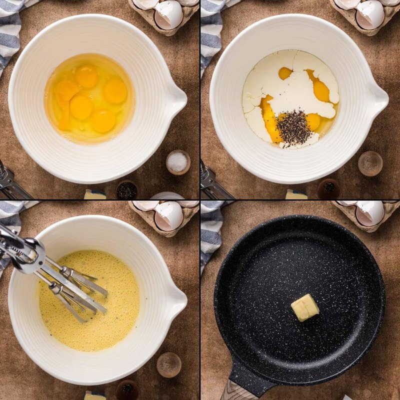 Collage of prepping egg mixture for scrambled eggs and butter in a skillet.