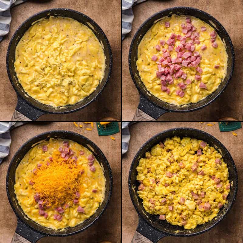 Collage of cooking scrambled eggs with ham and cheese.