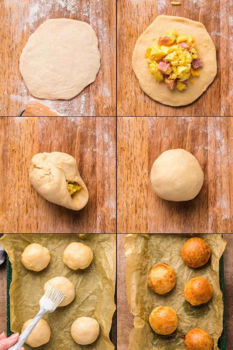 Collage of making copycat Dunkin stuffed biscuit bites with ham.