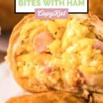 Closeup of a homemade Dunkin Donuts stuffed biscuit bite with ham, egg, and cheese.