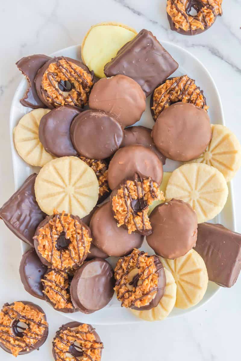 Overhead view of assorted homemade Girl Scout cookies.