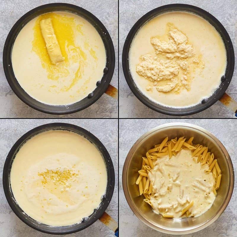 Collage of making pasta with citrus  alfredo sauce.