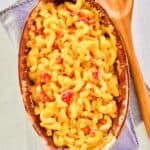 Overhead view of copycat Horn and Hardart mac and cheese in a baking dish.