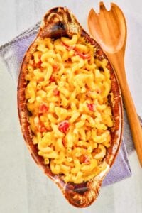 Overhead view of copycat Horn and Hardart mac and cheese in a baking dish.