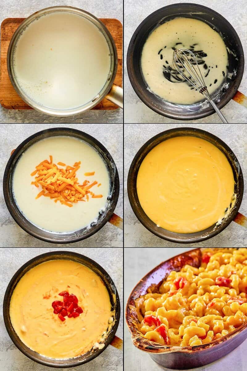 Collage of making copycat Horn and Hardart mac and cheese.