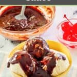 A bowl of vanilla ice cream topped with homemade hot fudge sauce.