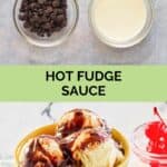 Hot fudge sauce ingredients and the finished sauce over ice cream.