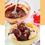 Homemade hot fudge sauce in a bowl and over ice cream.