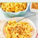 Macaroni and cheese with bread crumb topping on a white plate and in a blue baking dish.