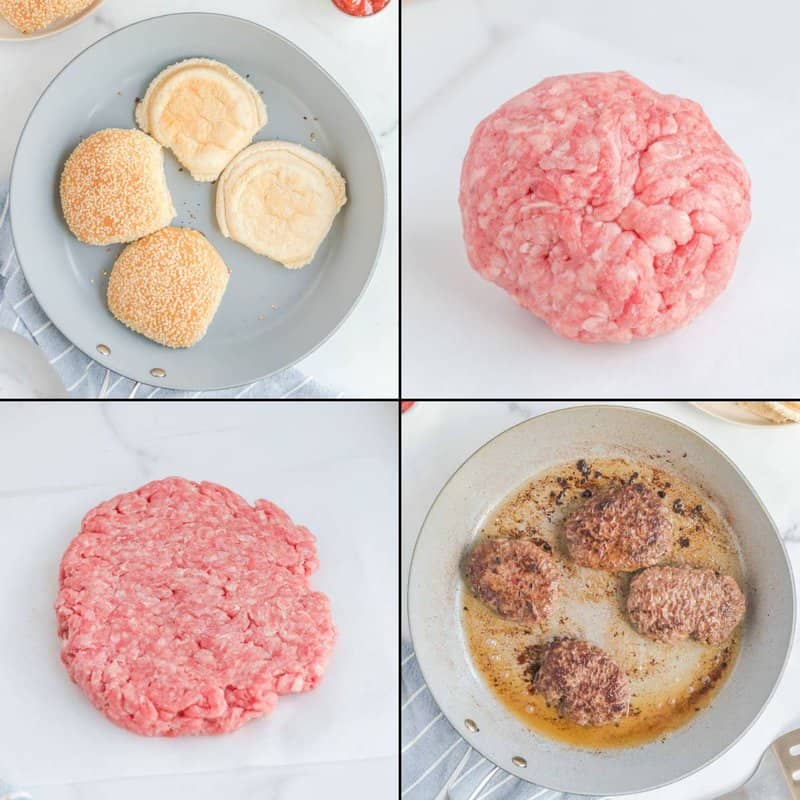 Collage of toasting buns and cooking patties for 4th   pounder burgers.