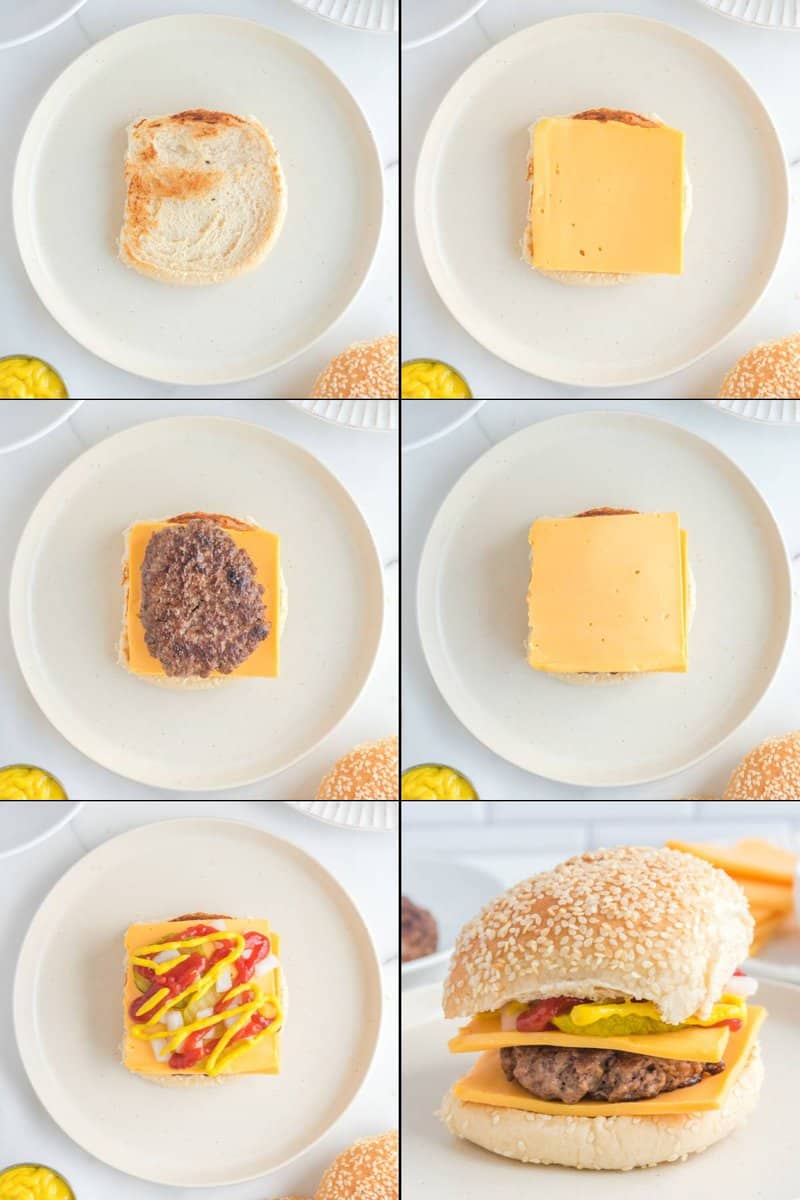 Collage of assembling a McDonald's quarter pounder.