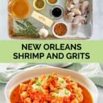 New Orleans style shrimp and grits ingredients and the finished dish.