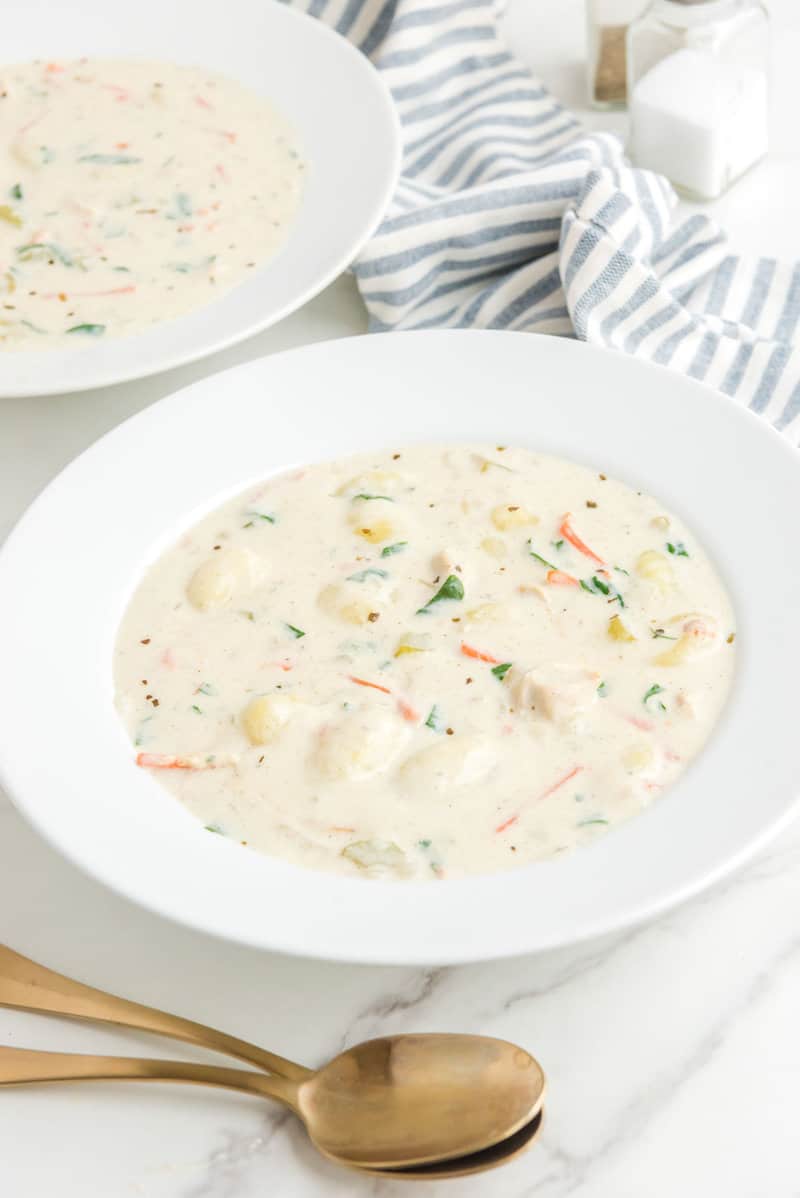 Copycat Olive Garden chicken gnocchi soup in two bowls.