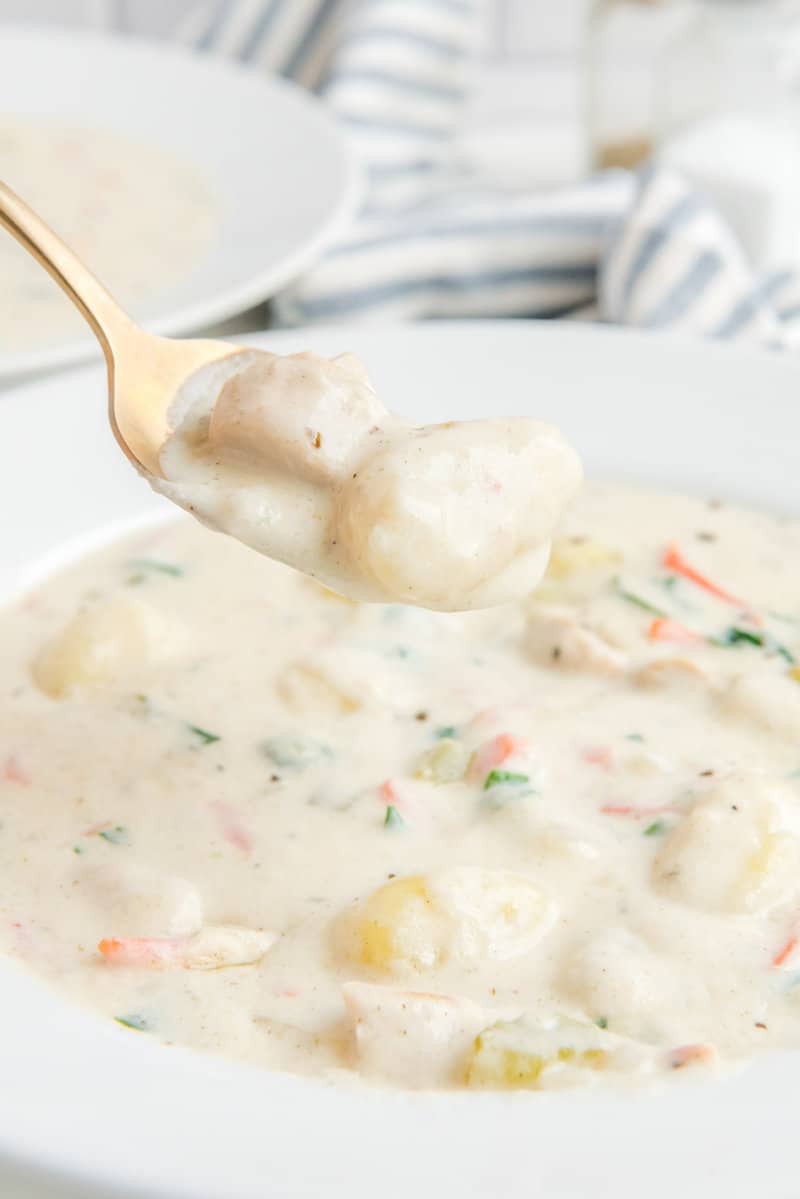 Copycat Olive Garden chicken gnocchi soup on a spoon over a bowl of it.