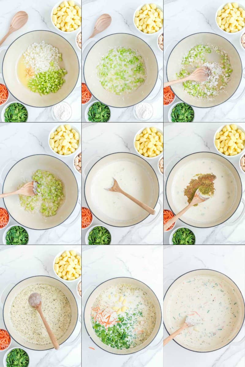 Collage of making copycat Olive Garden chicken gnocchi soup.