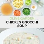 Copycat Olive Garden chicken gnocchi soup ingredients and the finished soup in a bowl.