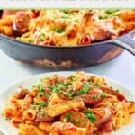 One pot Italian sausage pasta in a cast iron skillet and on a plate.